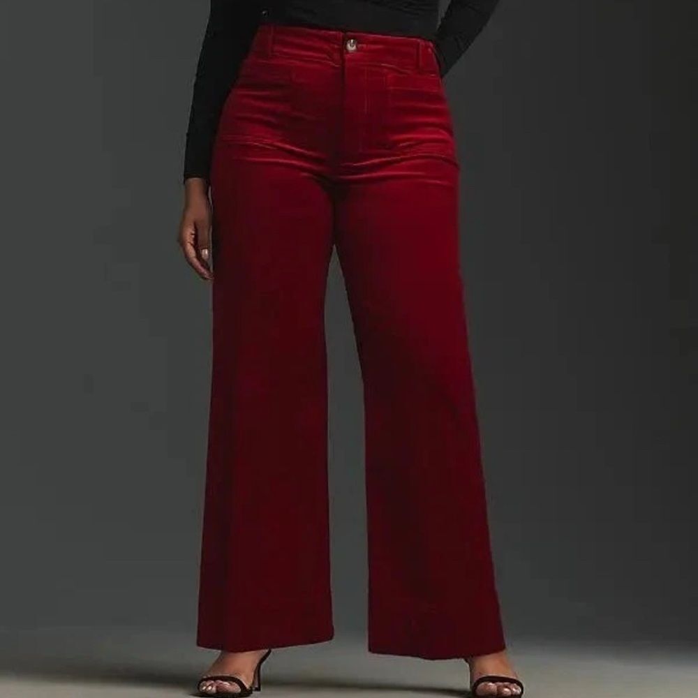 Anthropologie Maeve Colette Wide-Leg Velvet Pants in Deep Wine Red